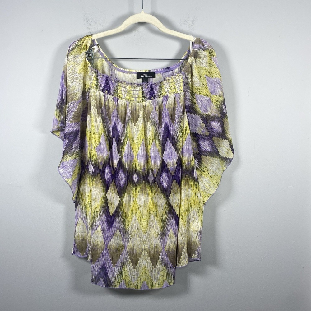 AGB Woman Poncho Blouse Women 3X Purple Green Ikat Smocked Flutter Sleeve Office